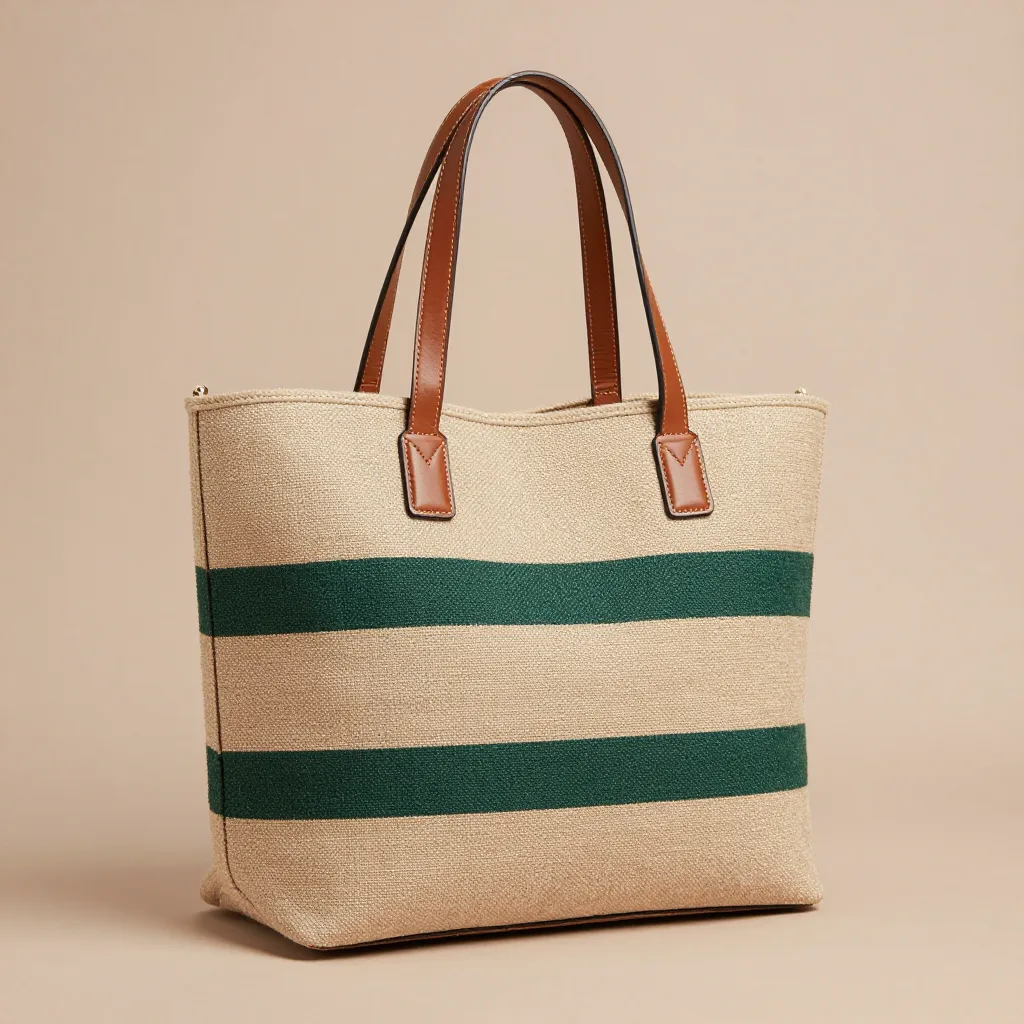 A sand and green sisal Kiondo tote