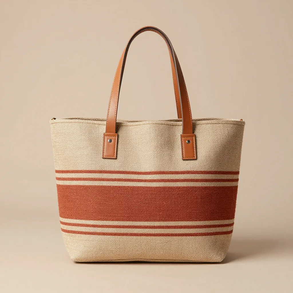 A natural sisal tote with rust stripes and leather handles