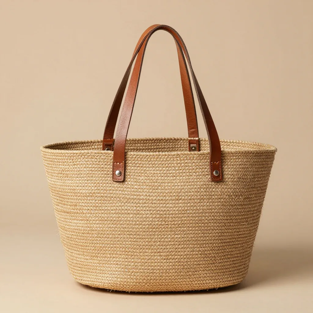 A large natural sisal Kiondo market basket with leather handles