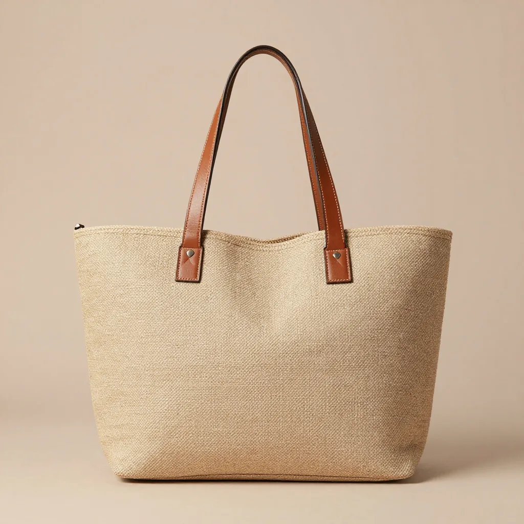 A wide natural and sand sisal beach tote with leather handles