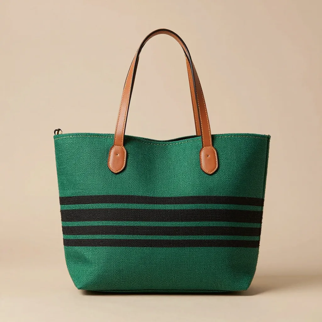 A green and black banded sisal tote with tan leather handles